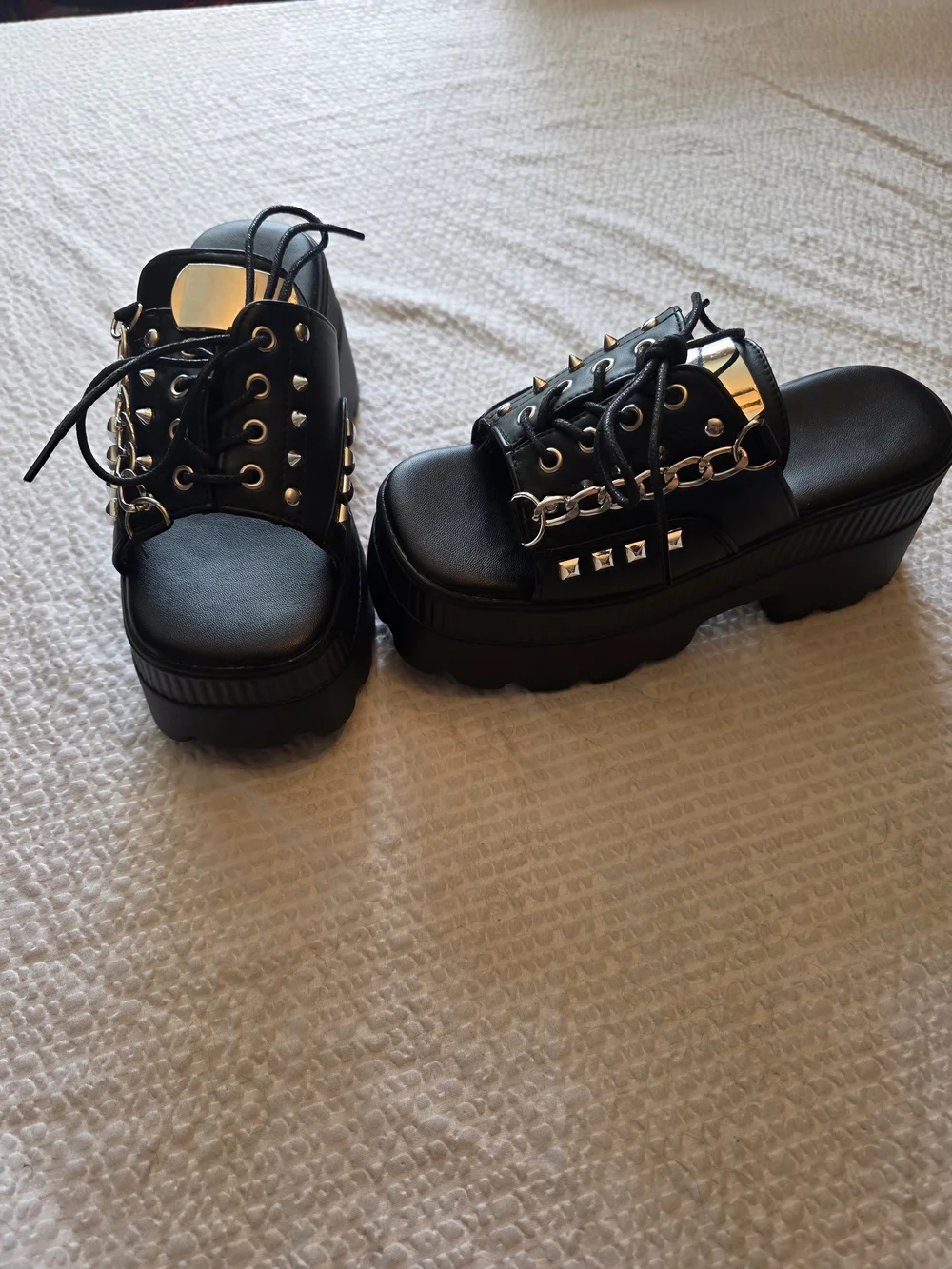 Black Platform Studded Lace-Up Sandal with Chain Accent